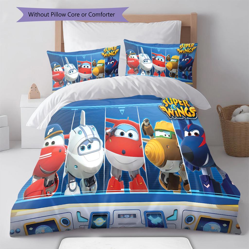 Super Wings Vzor Povlečení Sada Prošívaných Dek Quilt Cover Povlak na Polštář Domácí Dekorace Dárek (1 * povlak na peřinu + 2 * povlak na polštář, bez jádra)