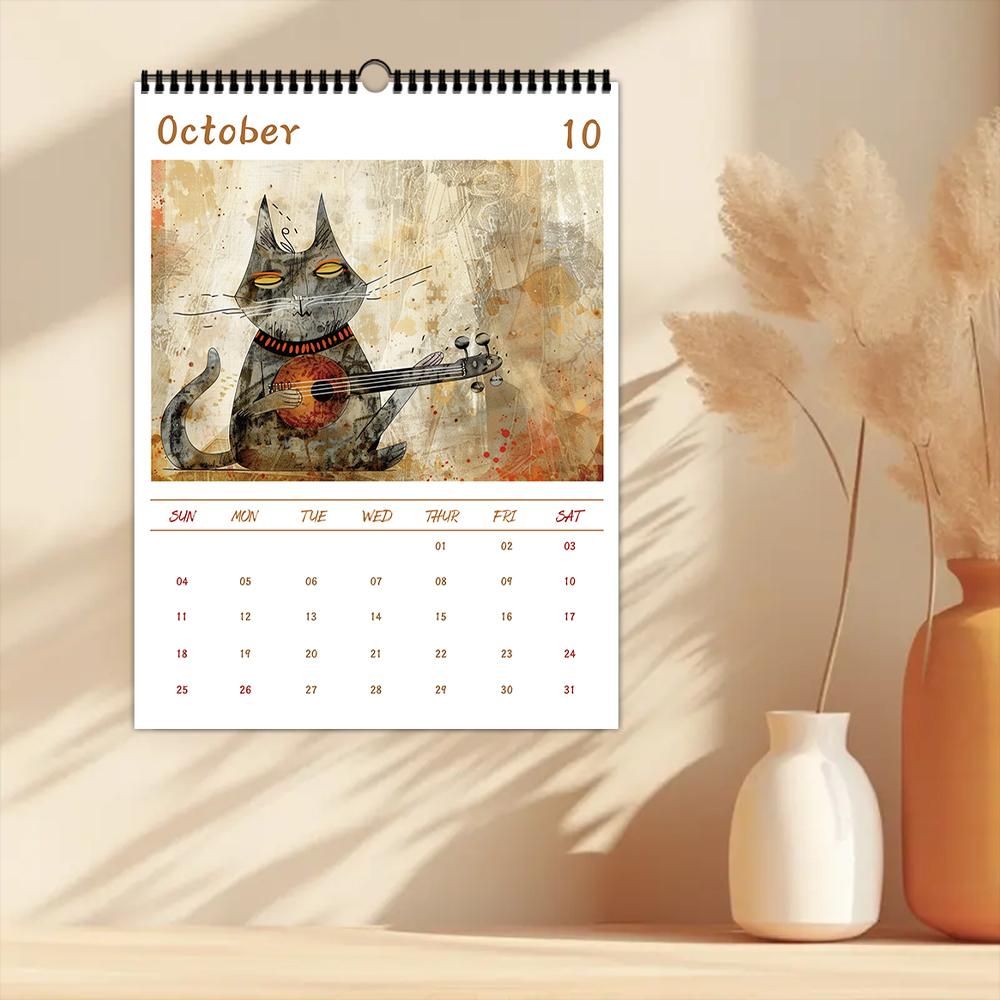 1pc Guitar-Playing Cat Wall Calendar - Pet Cat Theme, with 12 Different Designs, Suitable As a Gift for Birthdays, Christmas
