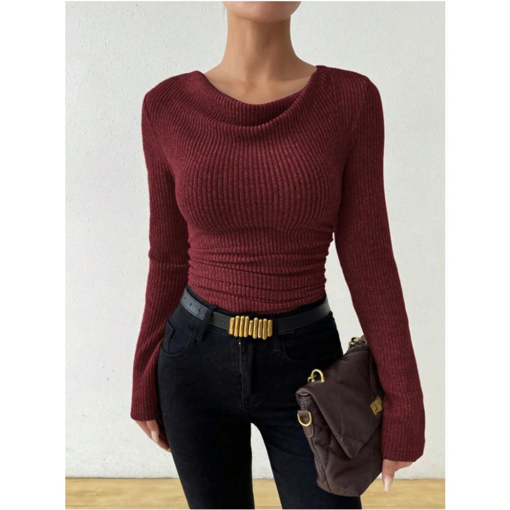 

Жіночий в язаний топ для схуднення з розкльошеними рукавами та хвилястим коміром на осінь XXL