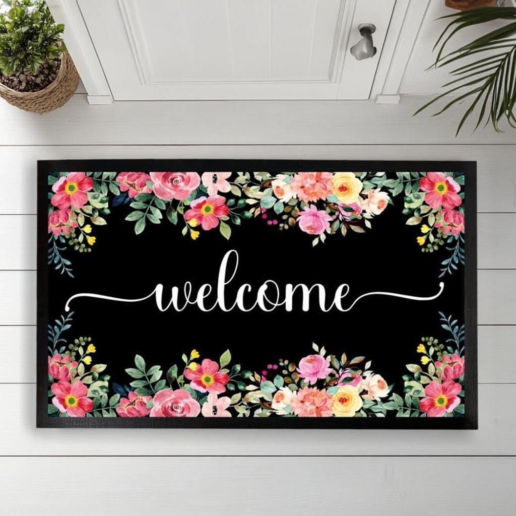 Elegant Door Mat Carpet Rugs Watercolor Floral "Welcome" Pattern Non Slip Print Entryway Rug for Elegant Home Decor