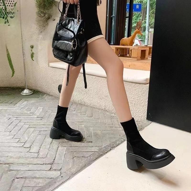 Fashion Black Women's Ankle Boots Chunky Heel Height Increasing Female Short Shoes Plain Hot Pu High Quality Y2k On Promotion 39 Booties