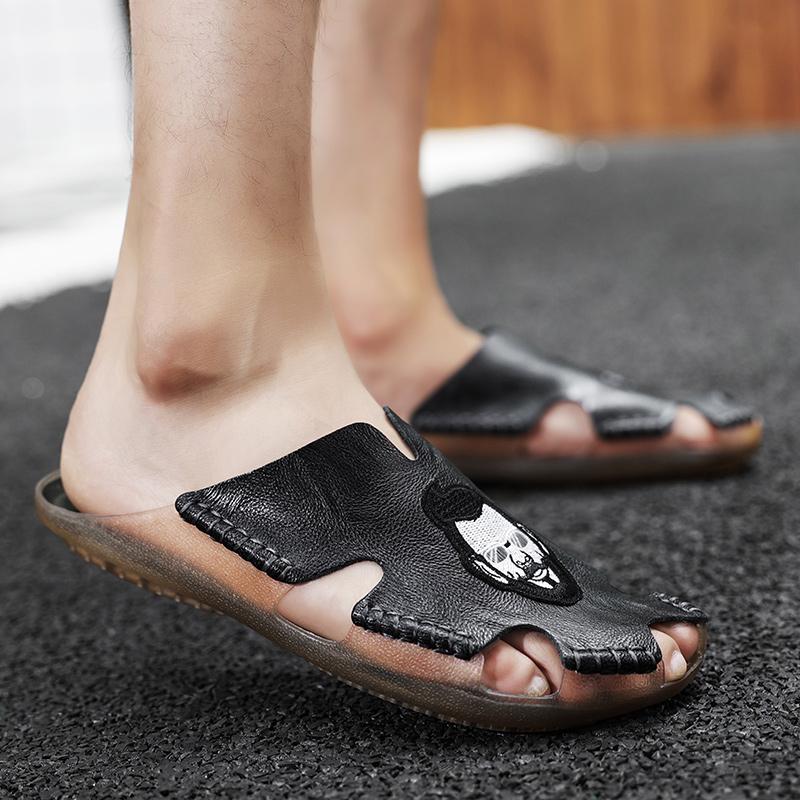 Summer Men's Flat Slippers Extra Wide Slide Sandals Outdoor Beach Open Toe Casual Soft Walking Leather Sandals
