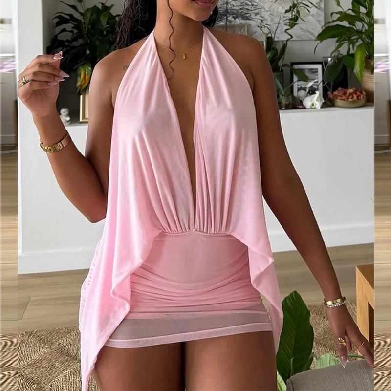 

Spring new women s clothing, Europe, America, fashionable and sexy mesh neck halter dress 3XL рожевий