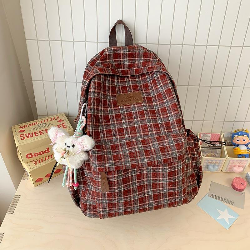 Schoolbag Autumn and Winter New Retro Plaid Backpack Female College Student Korean Version Large Capacity Lightweight Backpack College Style