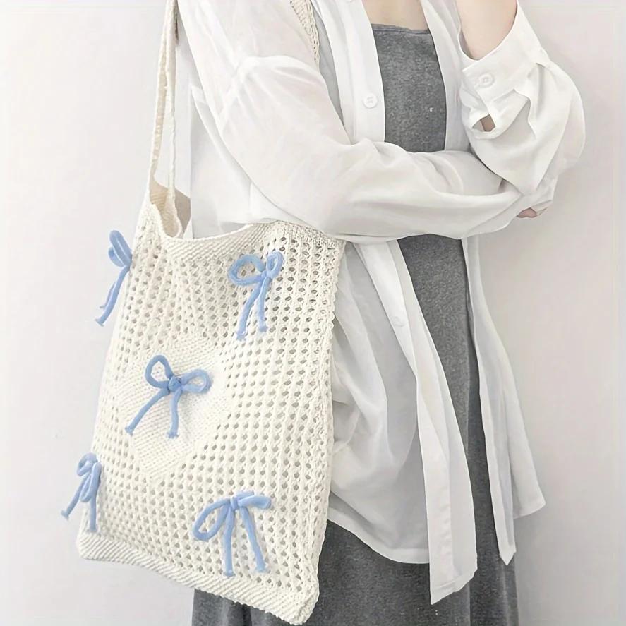 Preppy Style Crochet Tote Bag with Butterfly Accents Solid Color Polyester Shoulder Bag Foldable Fashion Beach Bag