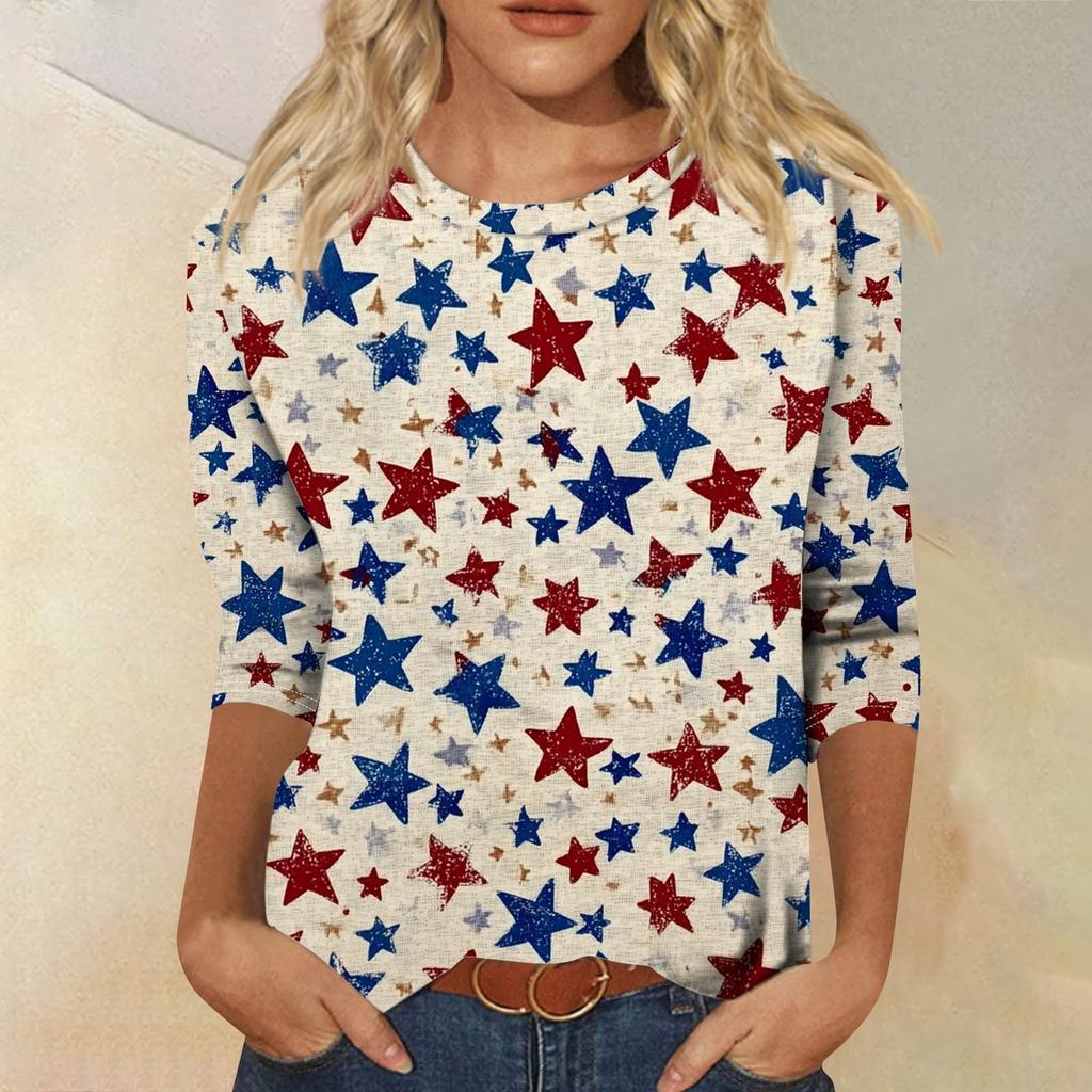 Women's Fashion Casual Seven Sleeve Independence Day Printed Round Neck T-Shirt Top