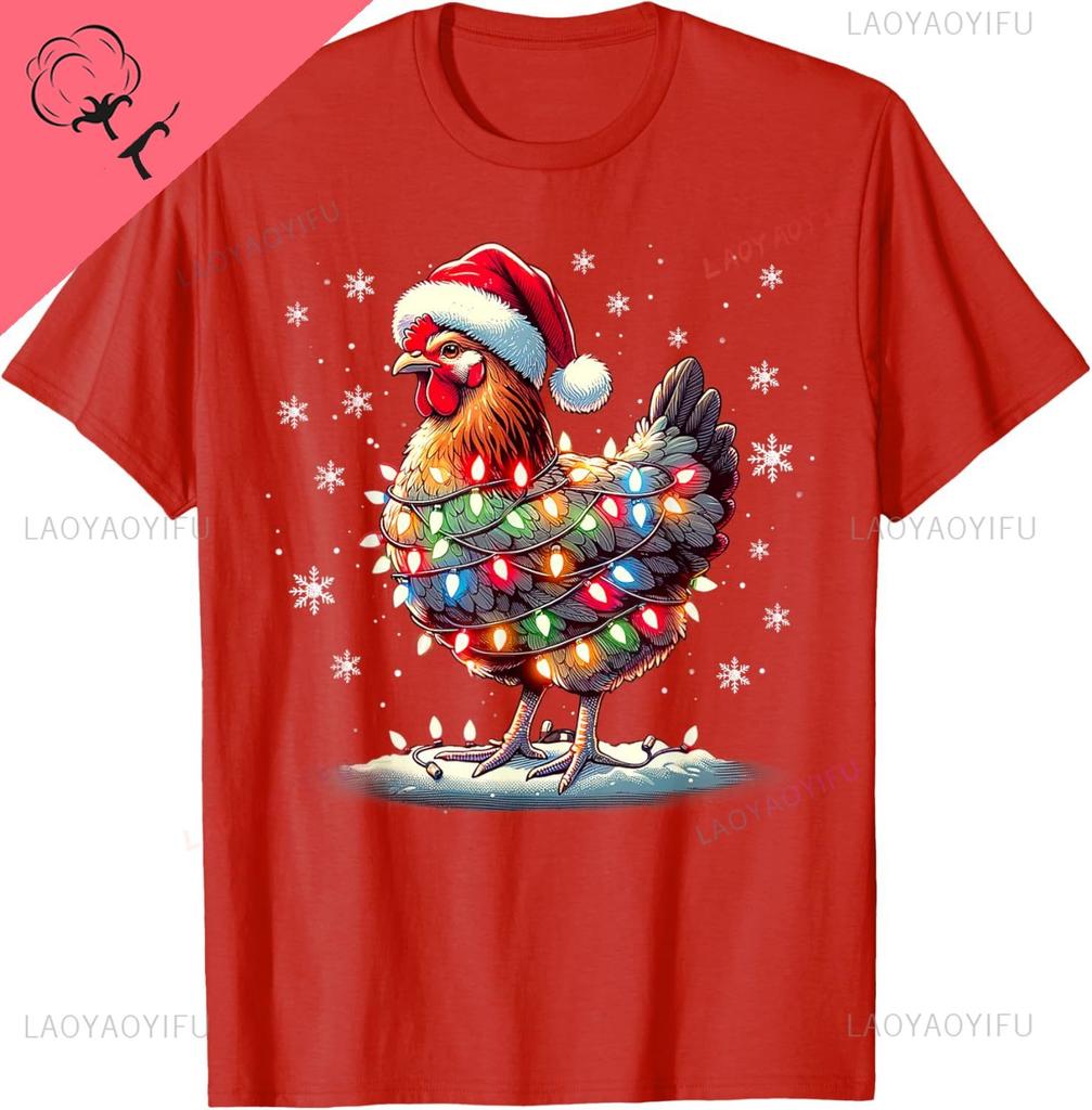 Chicken Santa Christmas Light Funny Xmas Chicken Pajamas TShirt Unisex Summer Streetwear Tops Cotton Ropa Hombre