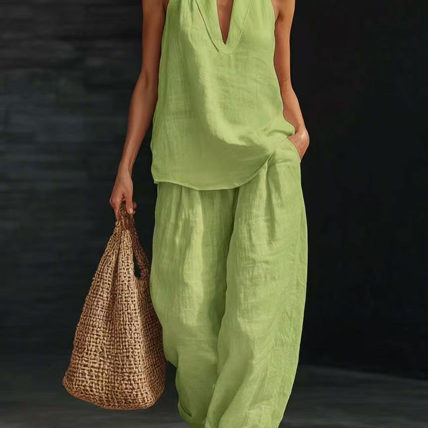 Women's Khaki Halter Neck Deep V-Neck Top and Wide Leg Pants Set