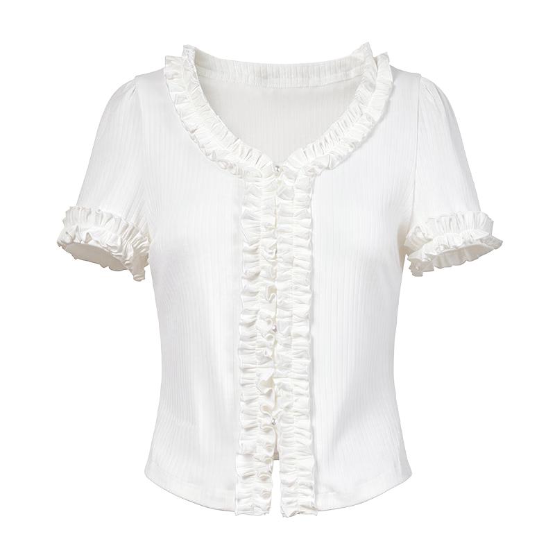 Women s V-Neck Ruffle Edge Jacquard Slim Fit T-shirt XL оптический белый