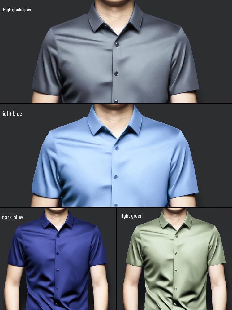 Pánská košile s krátkým rukávem z ledového hedvábí, nemačkavá, business