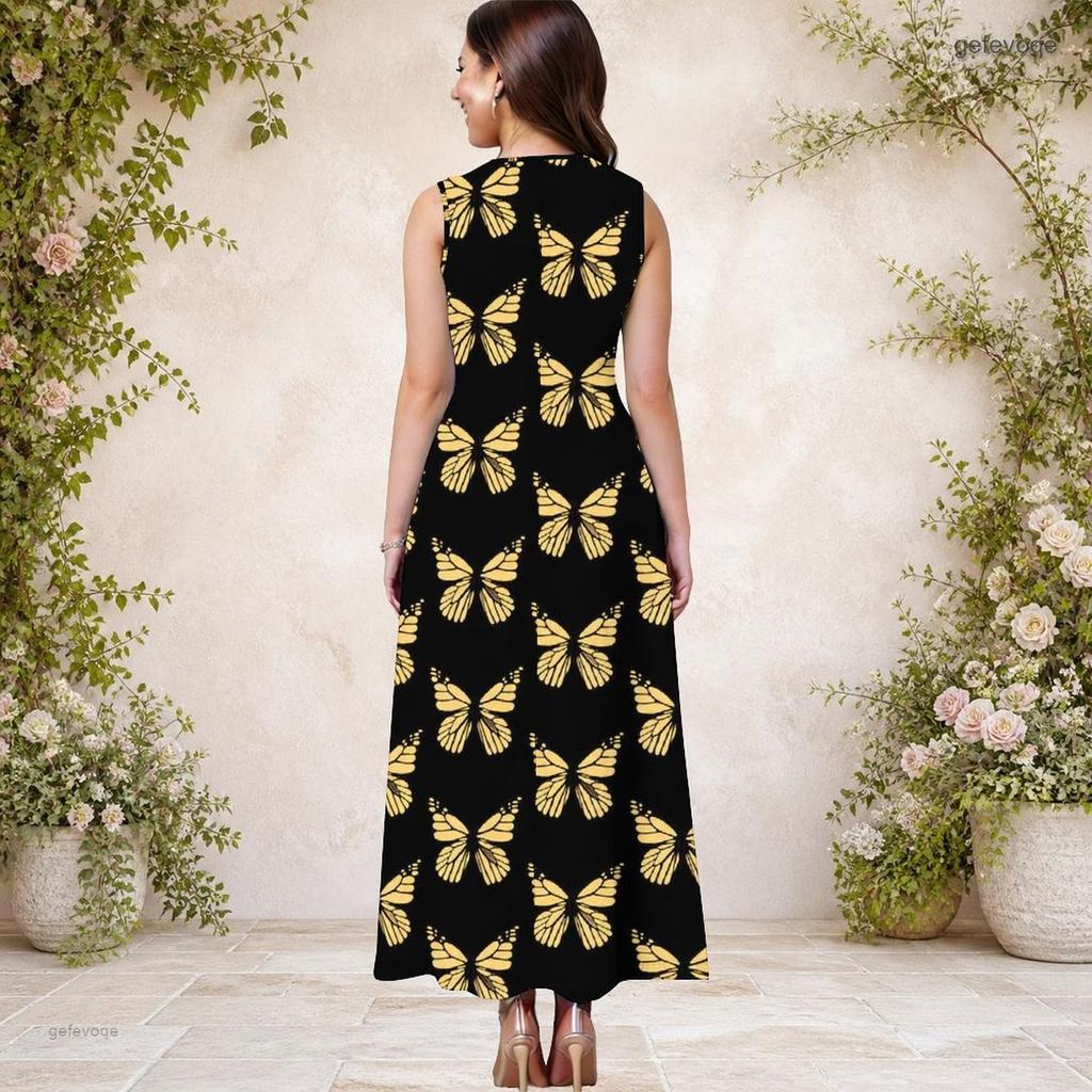 Women Plus Size Round Neck Sleeveless Leopard Pumpkin Printed Orange A Line Dress With Side Pockets