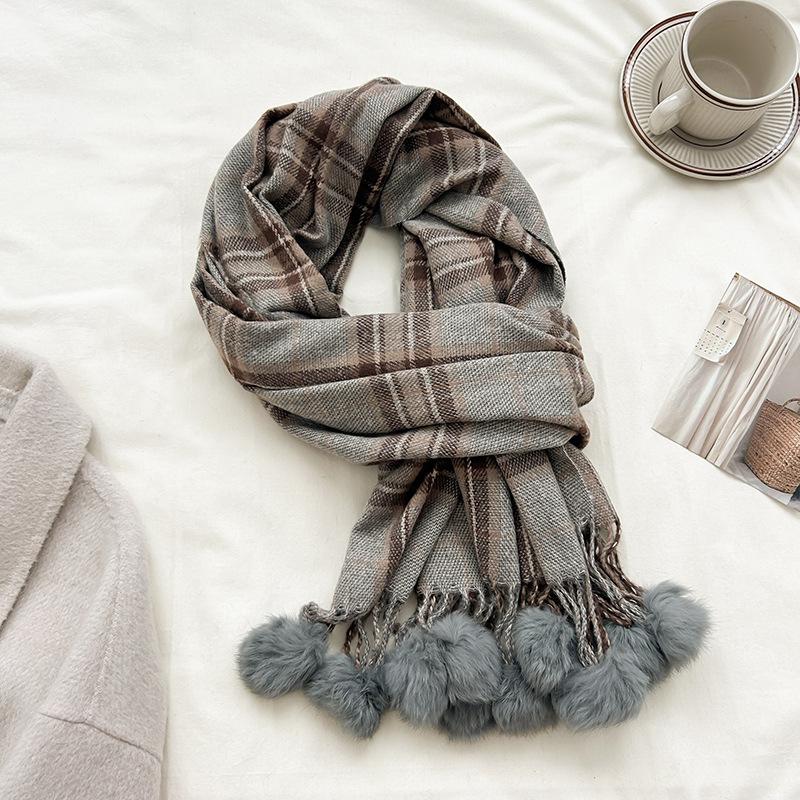 

Fashion Design Velvet Ball Houndstooth Scarf Women Autumn Soft Thermal Muffler Female Winter Retro Imitation Cashmere Wrap Girls 195-65cm