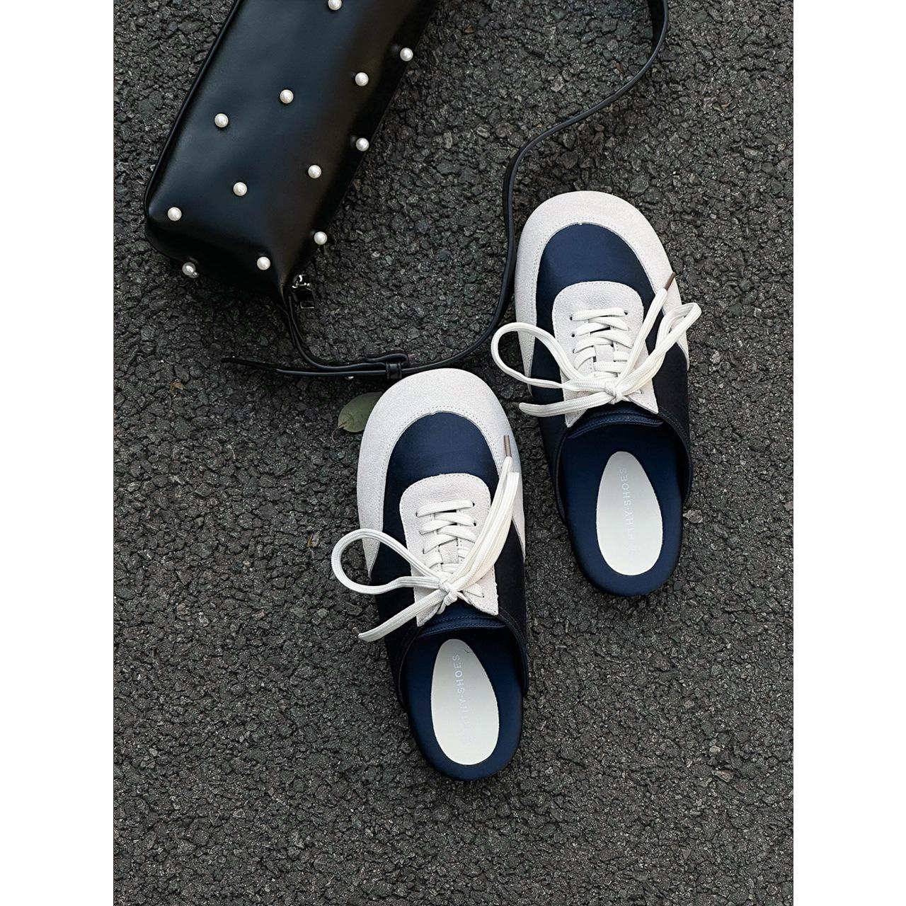 

thick-soled half-drag German training shoes women s 2025 new retro contrasting color one-pedal Muller shoes color matching casual shoes Forrest Gump s 40 Темно-синій