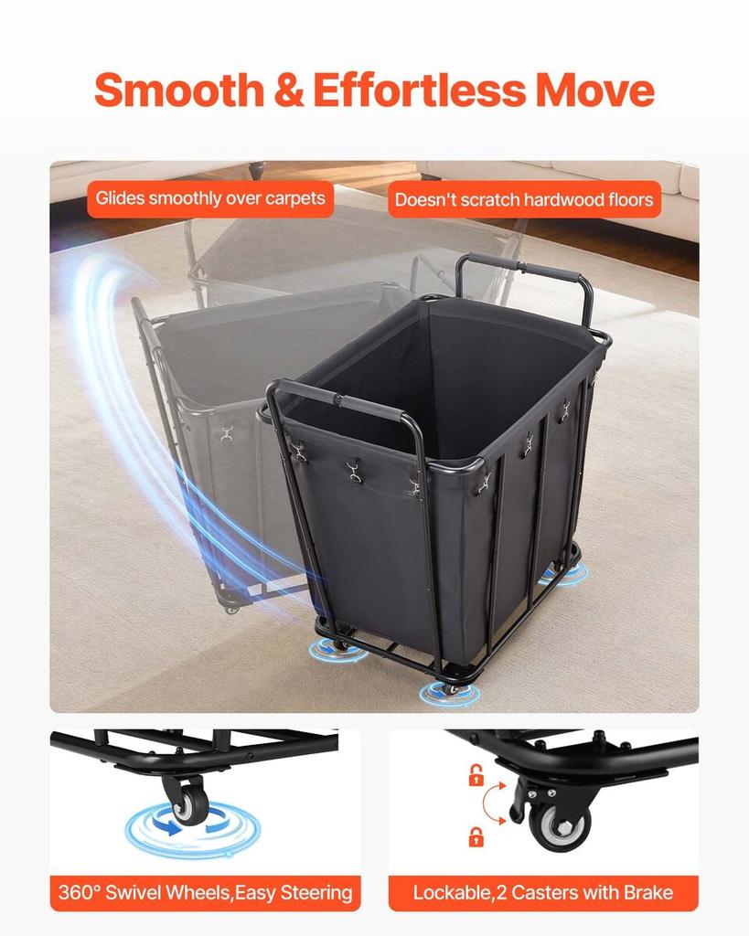 Laundry Cart, Rolling Grocery Utility Cart with Waterproof Liner & Swivel Wheels, 118 KG Large Load Capacity, Heavy Duty Shopping Basket for Laundry,