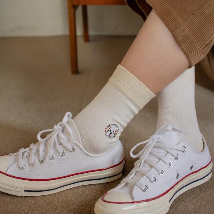 FEM Maltipom Dog Embroidered Socks - White Ivory
