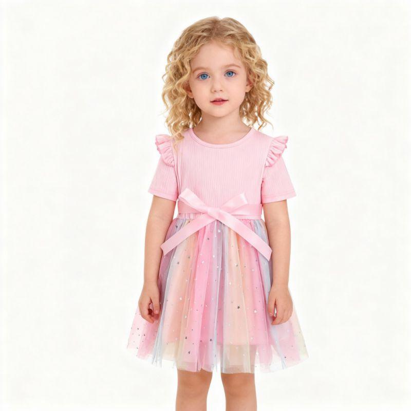 3-13 Years Kids Girls Short Sleeve Mesh Skirt Dress