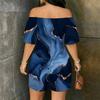 Women Plus Size Off Shoulder Short Sleeve Blue Gold Marble Printed Loose Romper With Side Pockets