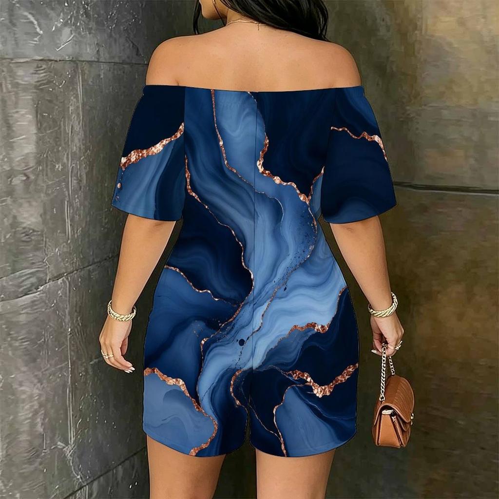 Women Plus Size Off Shoulder Short Sleeve Blue Gold Marble Printed Loose Romper With Side Pockets