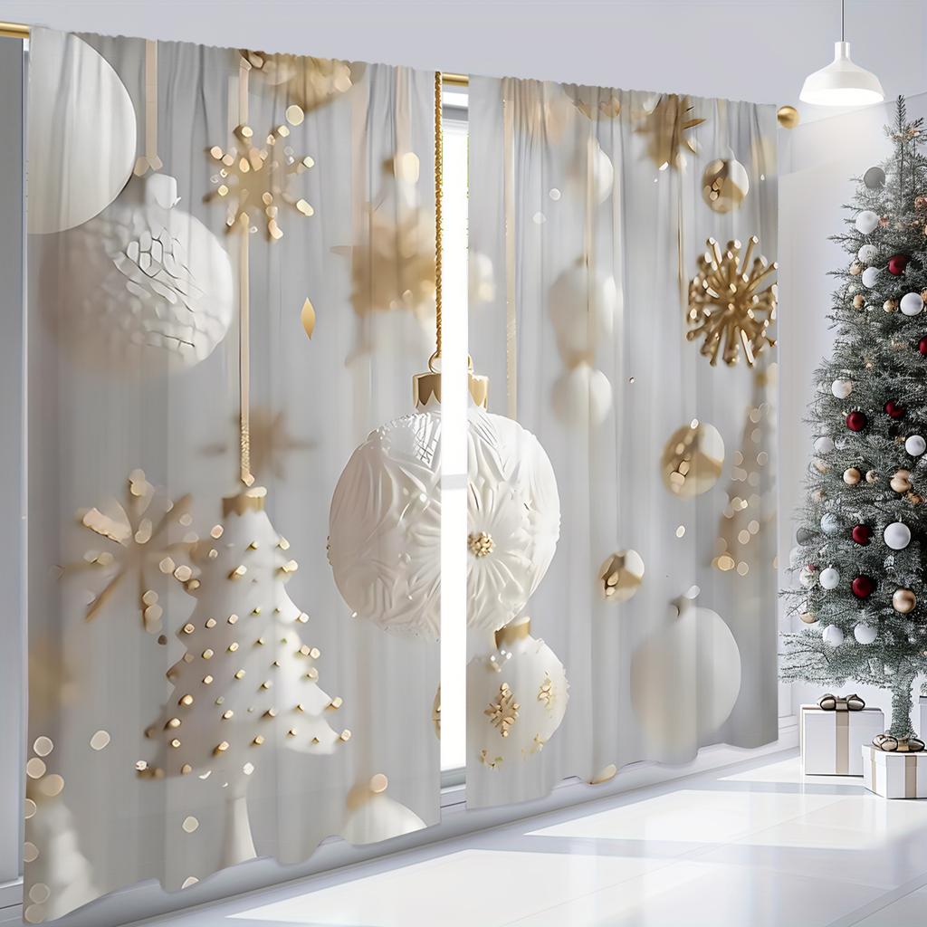 White and Gold Christmas Curtains Elegant Charming Christmas Tree and Ball Print Curtains for Bedroom Living Room Kitchen Window