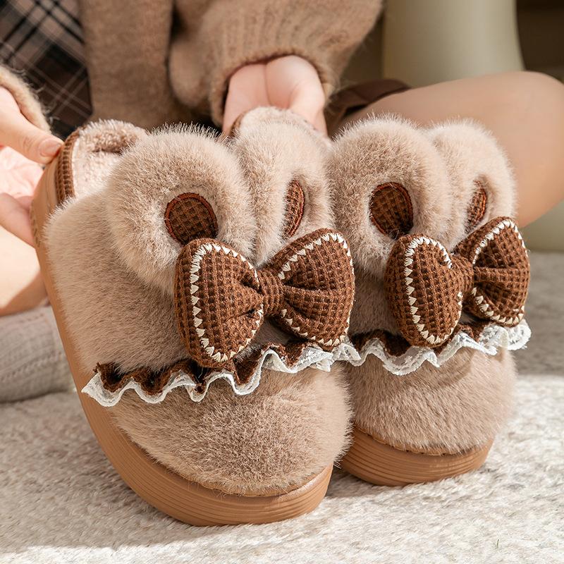 Winter New Bow Cotton Slippers Home Thick Bottom Non-slip Velvet Warm Plush Cotton Shoes