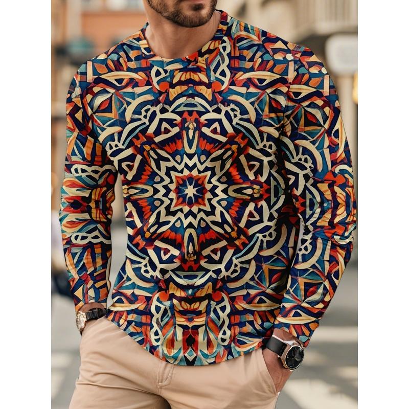 3D Print Colorful Exquisite T Shirt For Men Luxurious Pattern Tees Autumn Fashion Casual Loose O-Neck Tops Long Sleeves T-Shirts