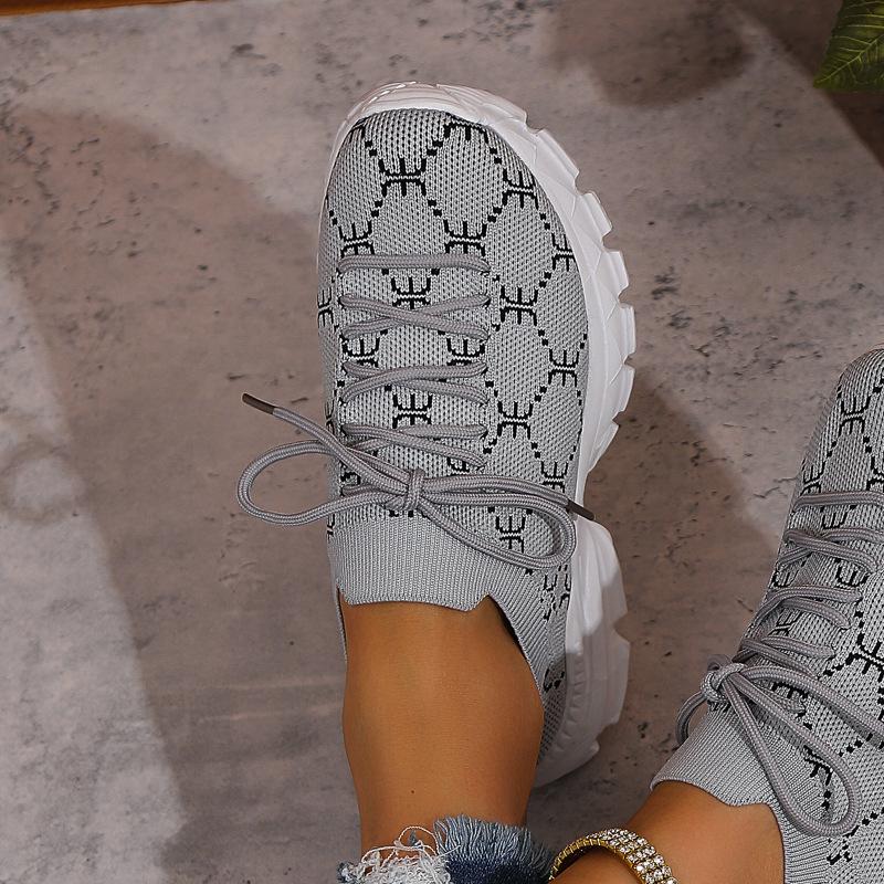 New Flat Shoes Lace-up Round Women's Mesh Knitting Toe Breathable Women Soft Sole Footwear Ladies Wedge Shoes