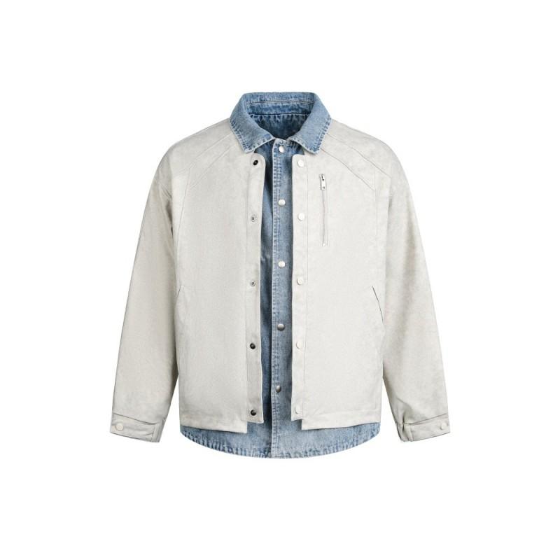 Mens Punk Streetwear Denim Jacket Contrast Color Patchwork Loose Fit