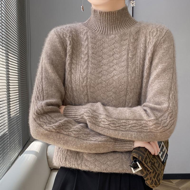Women's Thick Basketweave Knit Pullover - Autumn/Winter, Half-High Neck, Long Sleeve, Elegant Base Layer.