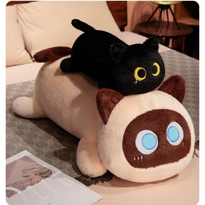 Big Long Lying Black Cat Siamese Kitten Orange Grey Plushie For Boy Girl Bed Cushion Throw Pillow Birthday Gift For His