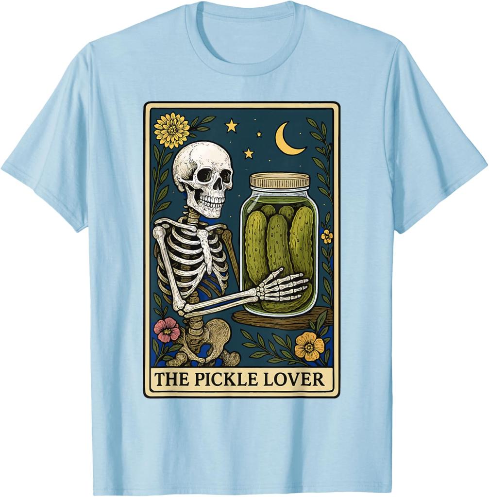 Skeleton Holding Pickle Jar Tarot Card Graphic Print Cotton Casual T-Shirt for Men Trip