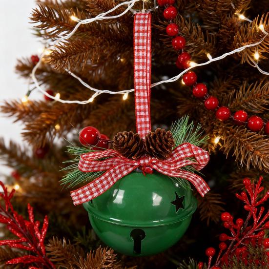 Christmas Bell Ornaments with Pinecones Berries Plaid Bow Rustic Metal Jingle Bells Xmas Tree Hanging Decor for Holiday Door Window Tree Party Decor