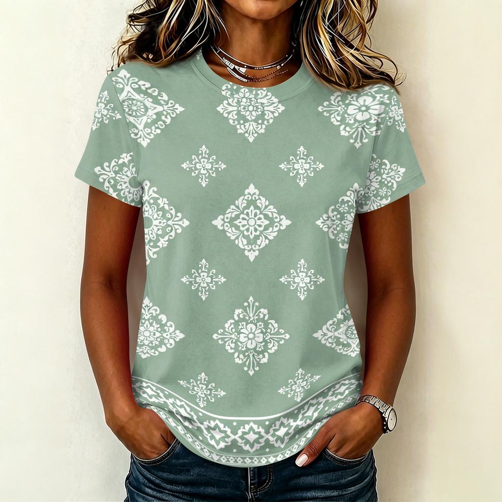 Women's Casual Pullover T-Shirt Short Sleeve Crew Neck Geometric Print Top Lightweight Comfortable Fit for Everyday Wear
