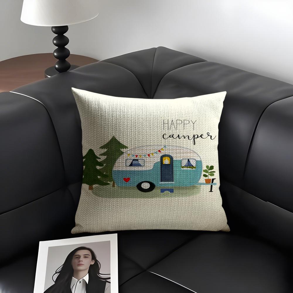 Happy Camping Rv Camper Car Cushion Cover Natural Linen Organic Fabric Double-Sided Printing Sofa Home Decor Gift Pillow Case