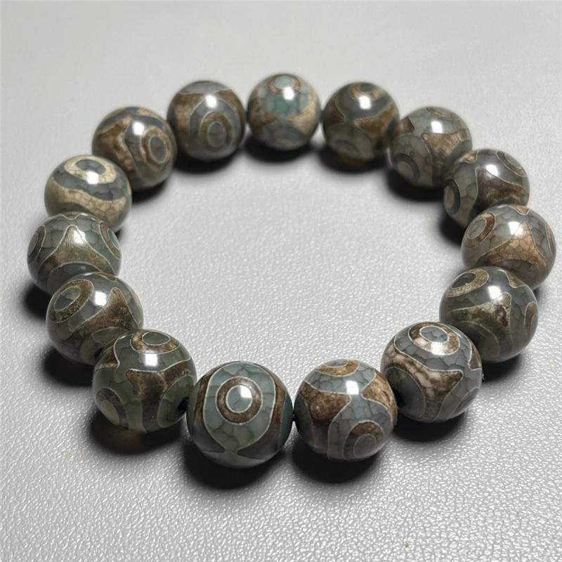 14MM Natural Agate Dzi Bead Stone Bracelet for Men Tibetan Chinese Style Spiritual Protection Handmade Stretch String Buddhist Gift
