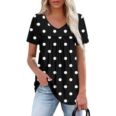 Women's Casual V-Neck Short Sleeve Chest Ruffle Printed Top