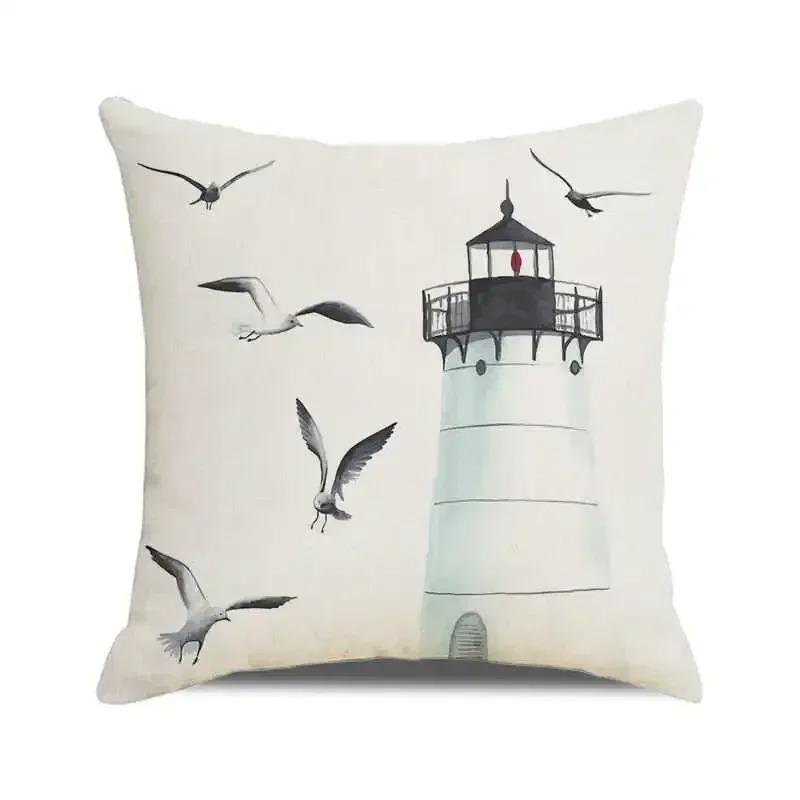 Watercolor Painting Nautical Lighthouse Ocean Seagull Boat Home Sofa Cushion Cover Home Decor Pillowcase