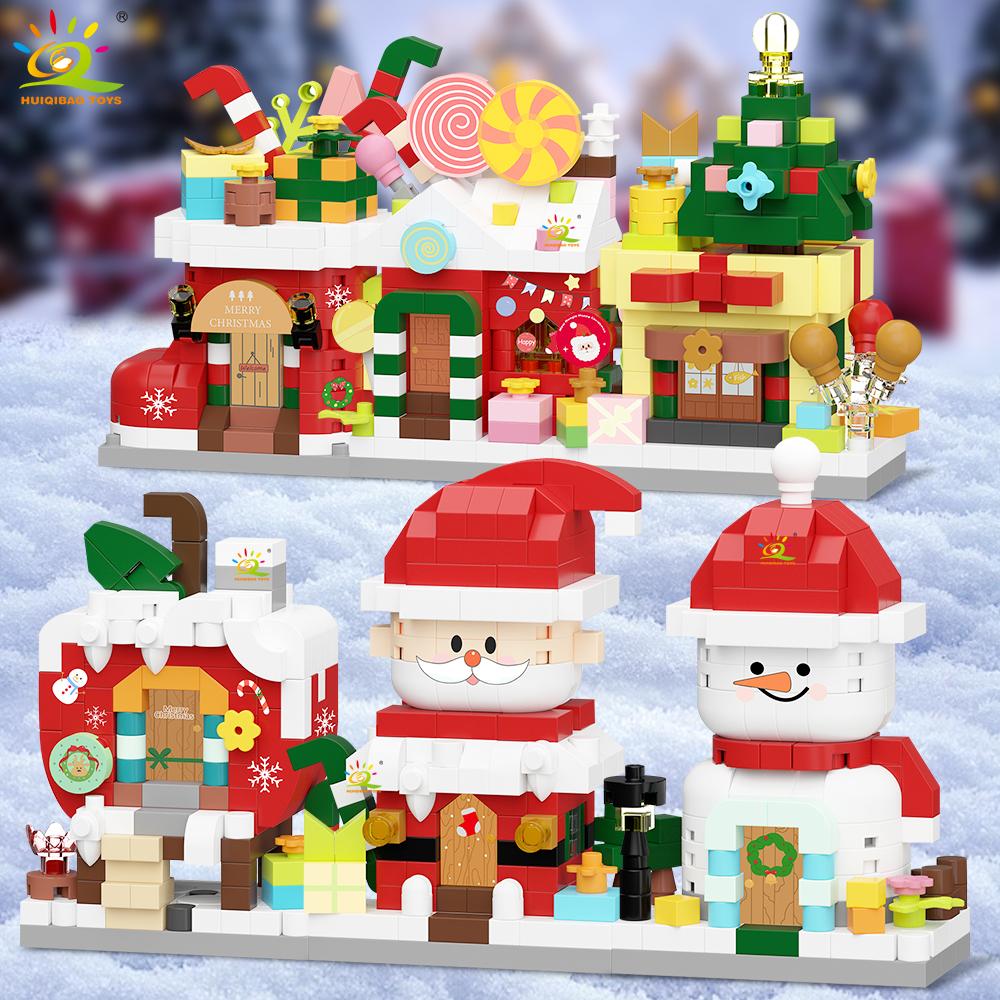 HUIQIBAO MOC Christmas Santa Claus House Building Blocks City Snow Man Candy Home Xmas Tree Brick Set Toy for Children Kids Gift