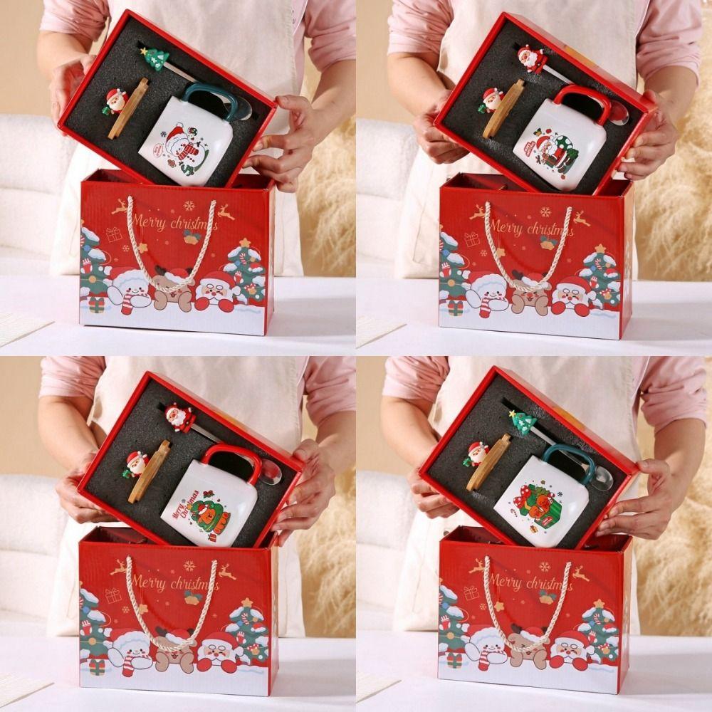Merry Christmas Cup Spoon Set Wooden Lids Coffee Cup Teaspoon Cute Mug Gift Box  Home Use