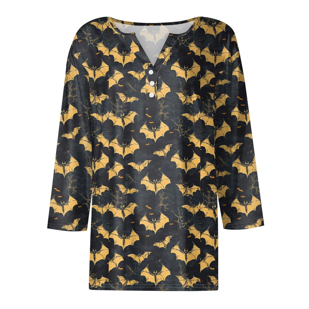 Women's Fashion Casual Halloween Printed V-Neck Short Sleeve Decorative Button Three-quarter Sleeve T-Shirt Top