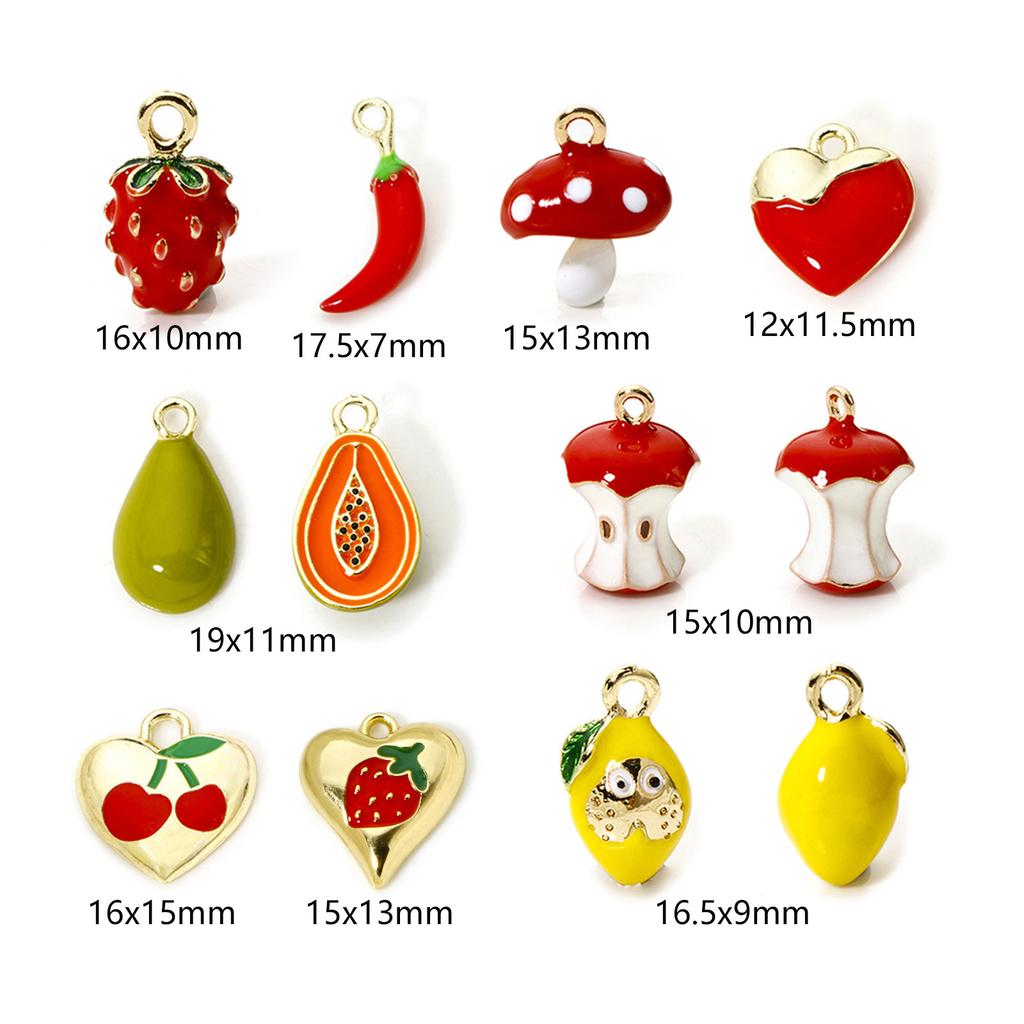 2PCs Brass Charms 18K Gold Plated Fruit Enamel Strawberry Apple Lemon Mushroom Pendants For DIY Necklace Bracelet Jewelry Making
