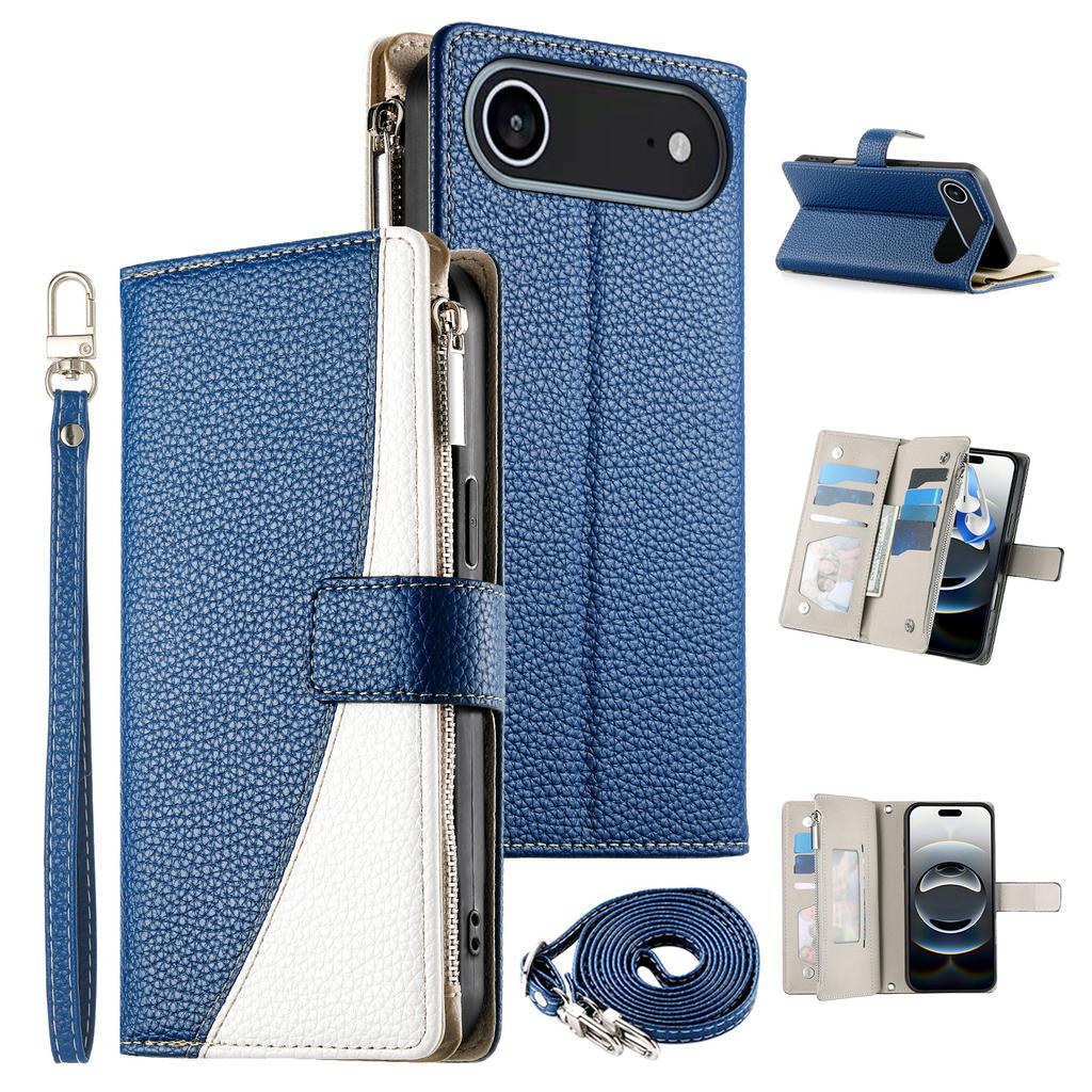 For iPhone 17 Air Case Zipper Wallet Color Splicing Leather Flip Phone Cover with Straps
