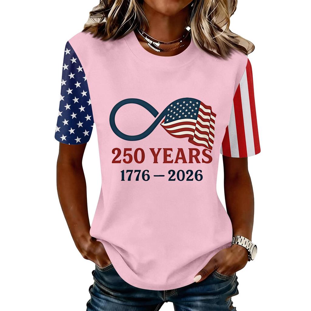 Blusa Feminina da Moda Casual de Manga Curta com Estampa e Gola Redonda