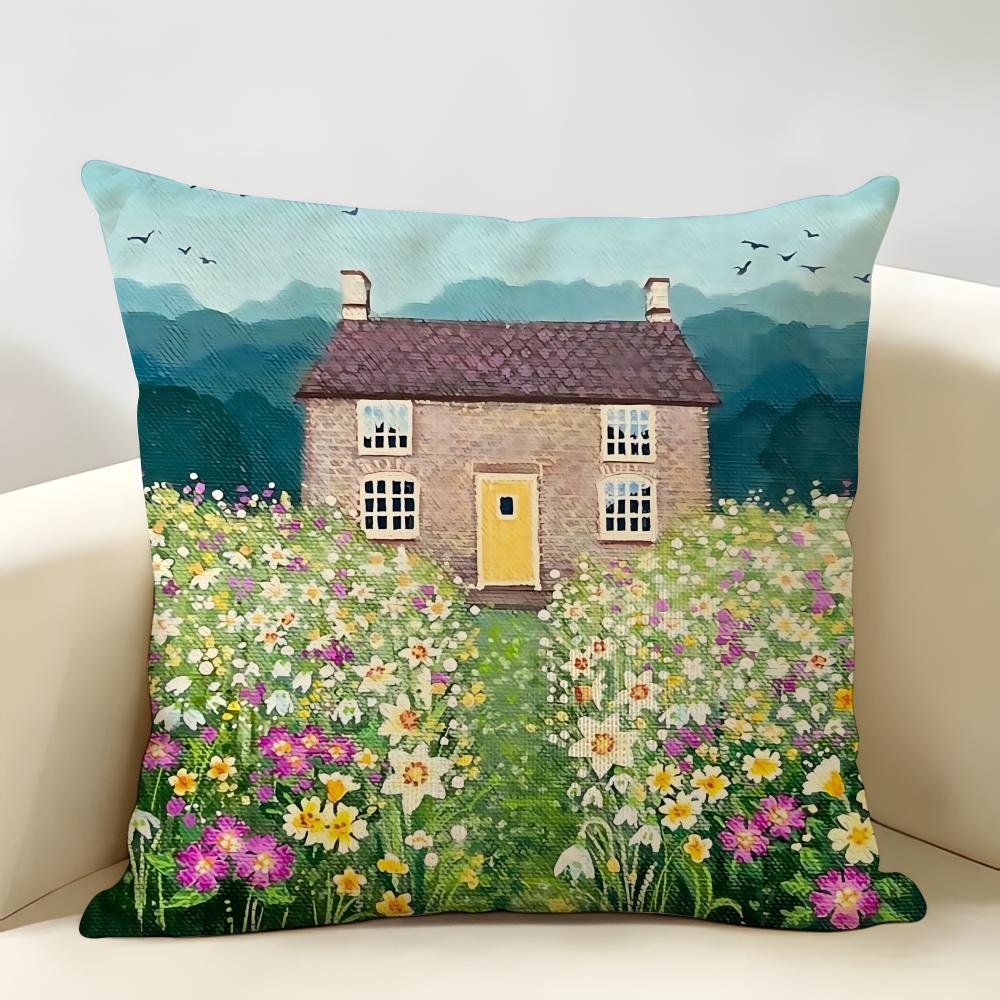 Retro Springtime Village Plants Cushion Cover Natural Linen Organic Fabric DoubleSided Printing Room Sofa Decor Pillow Case