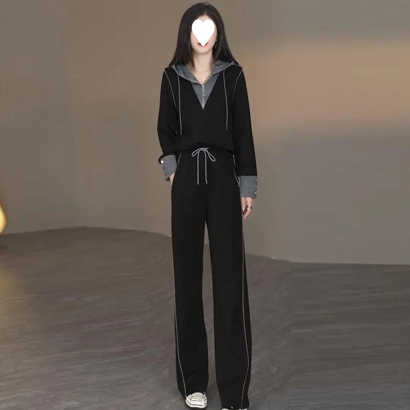 Fashion Casual Suit for Women, Autumn Style Fake Two-piece Long-sleeved Wide-leg Pants Outer Wear Two-piece Set