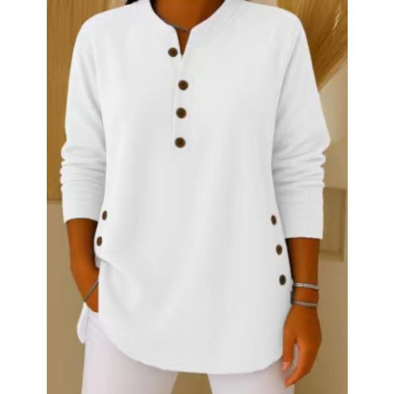 Women's Autumn Waffle Henley Shirt Long Sleeve Button Casual Loose Top