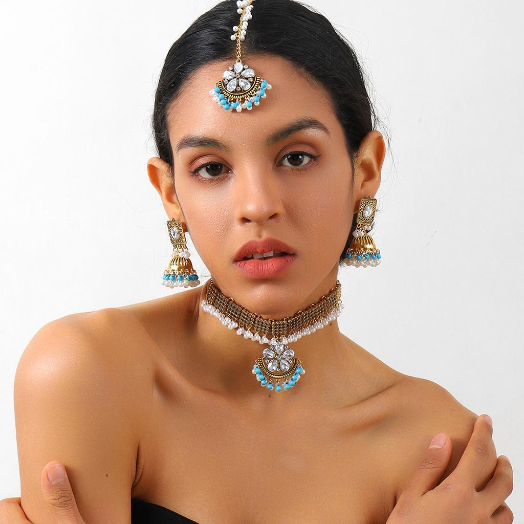 Elegant Pearl Tassel Diamond Earrings, Medieval Court Style Light Luxury High Sense Three-Piece Necklace Set