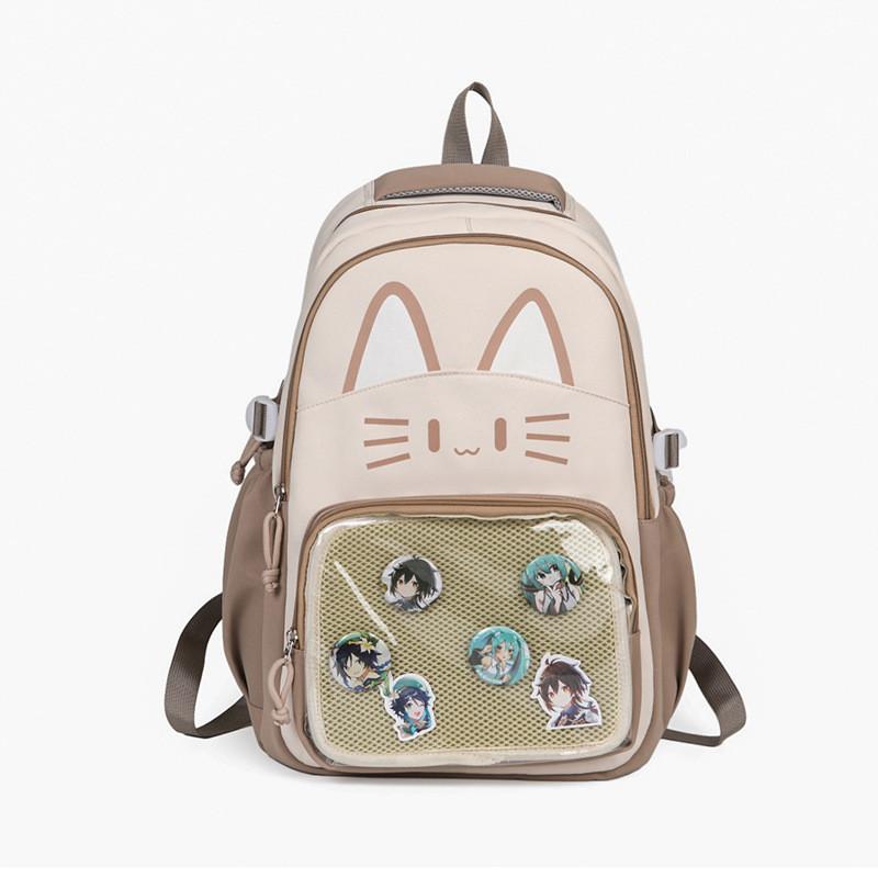 Cat Pattern Student Backpack With Transparent Compartment And Badge For Daily Use