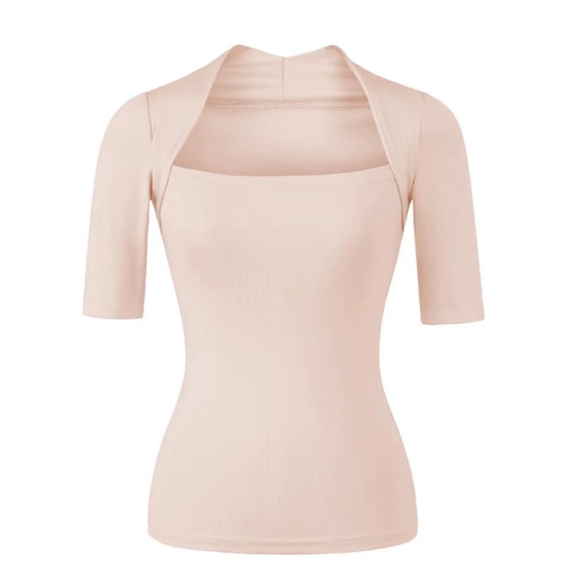Light Gray Square Neck Slim Fit T-Shirt for Women - Short Sleeve, Waist Cinched, Ideal for Spring/Autumn