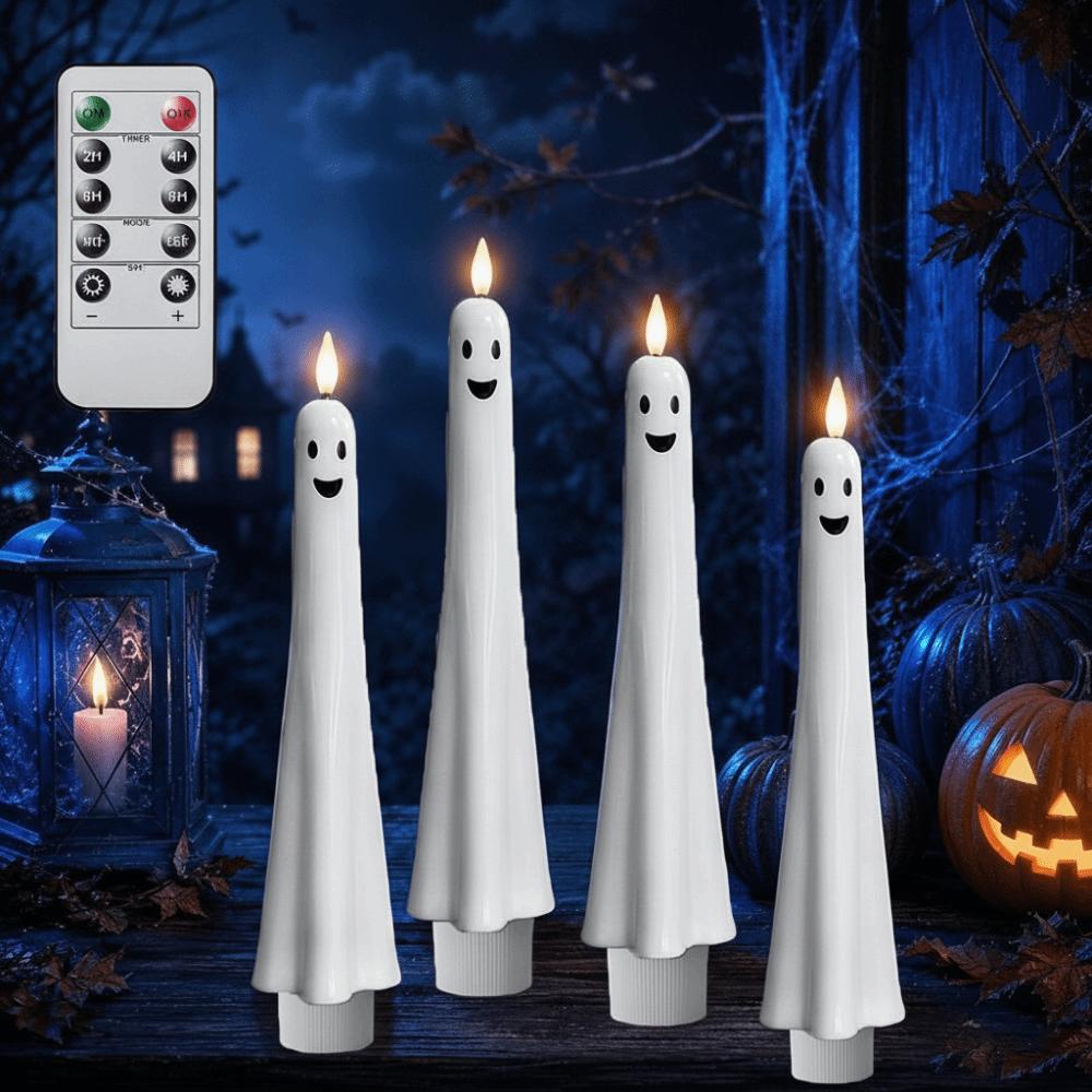 4 Pack Ghost Shaped Candles Remote Control White Color Flameless Taper Candles Plastic Material Timer Function Spooky Candles