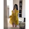 French Yellow V-neck Long-sleeved Shirt for Women Spring Loose Casual Versatile Irregular Outer Top